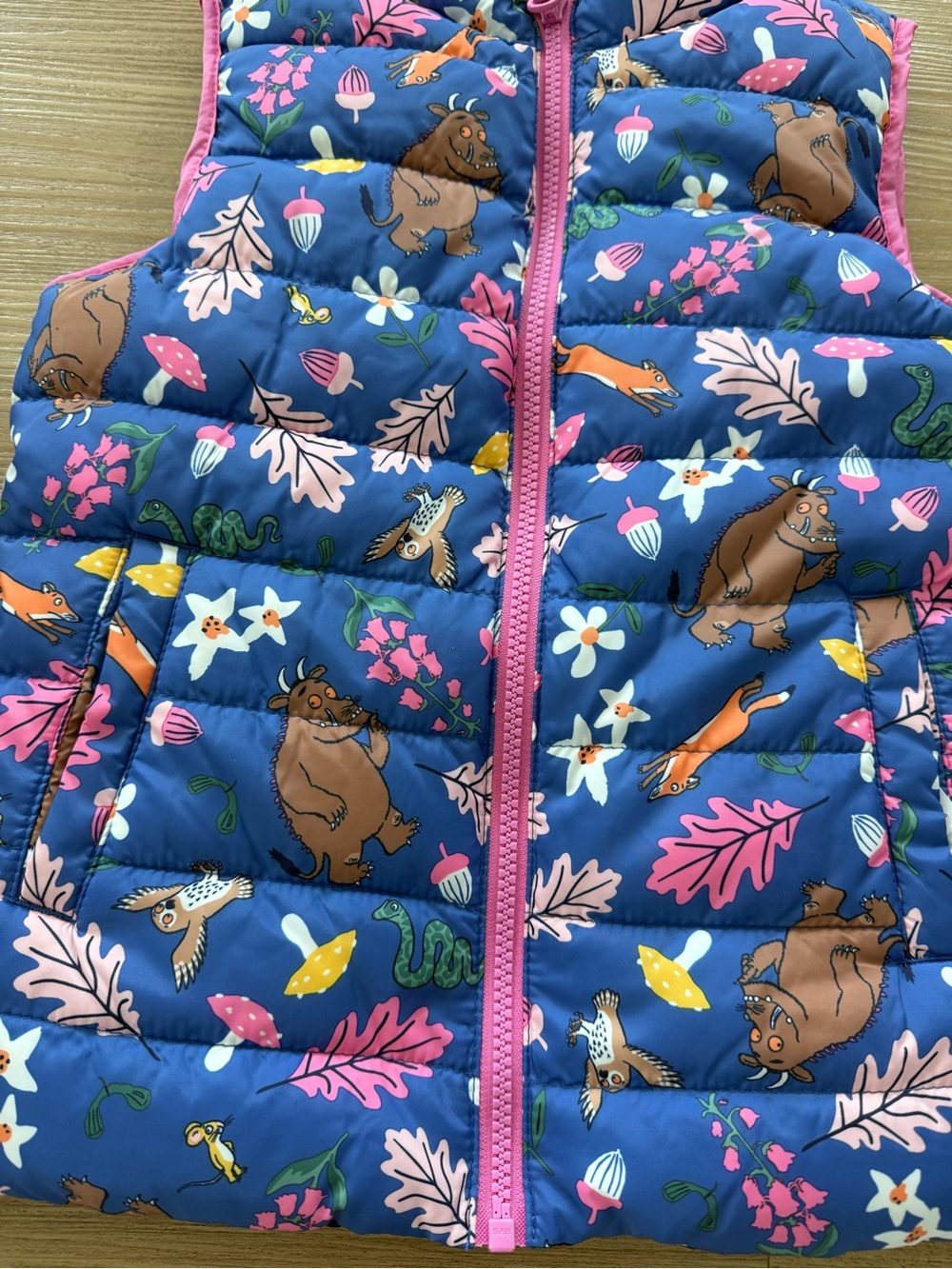 Joules Blue Puffer Vest with Pink Trim and Woodland Animal Print - Picture 2 of 6
